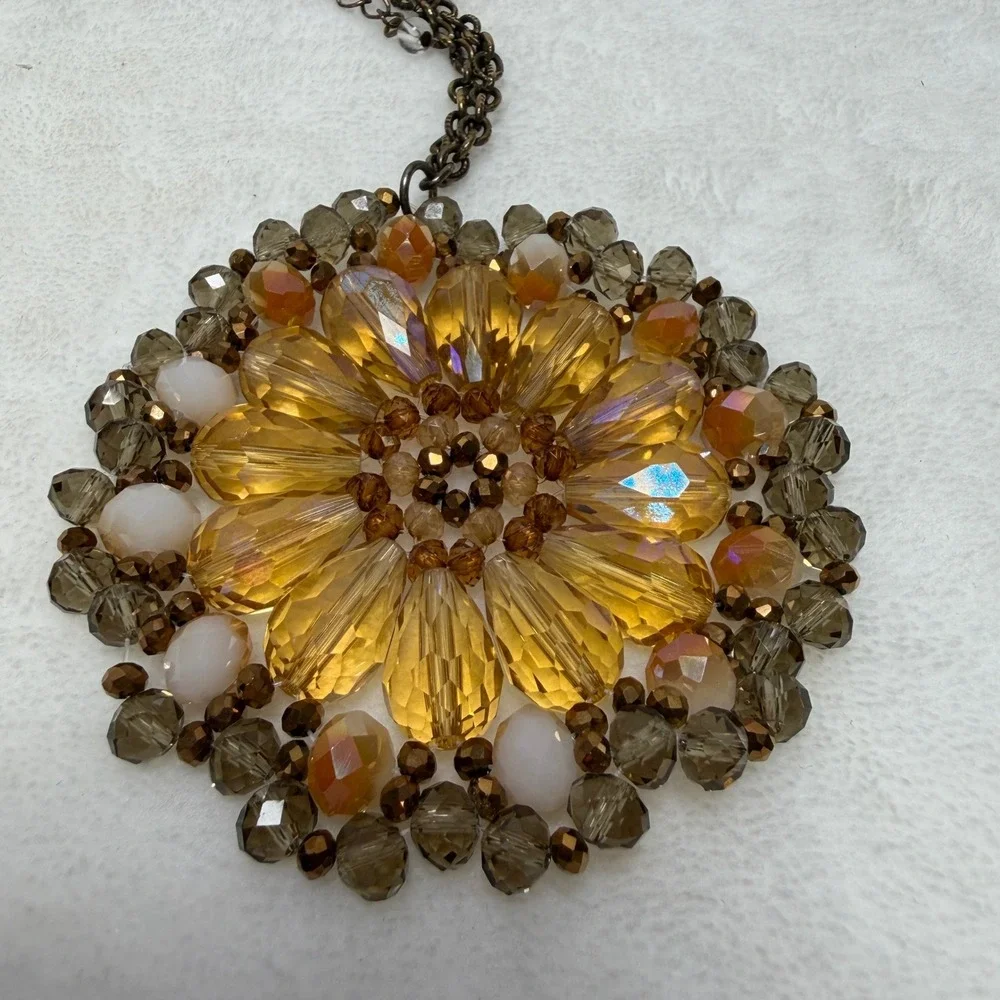 Amber Glass‎ Bead Sunburst Pendant Necklace Bronze Tone Long Boho Statement